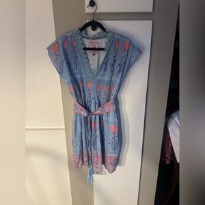 Sal Rosa Blue & Pink Floral Dress w/ Tassel Fringed Belt Size Medium